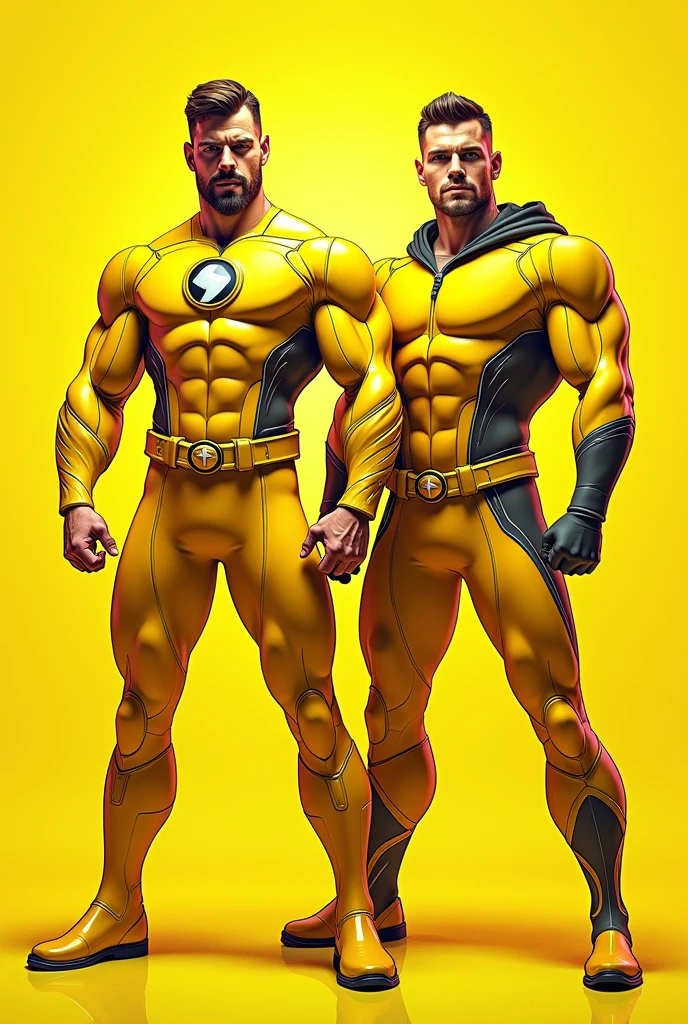 Portrait of two superheroes in yellow outfits, facing the front, demonstrating courage and determination. They are positioned in a powerful pose, highlighting their strength and heroism. The background is simple to fully focus on the figures of the heroes..