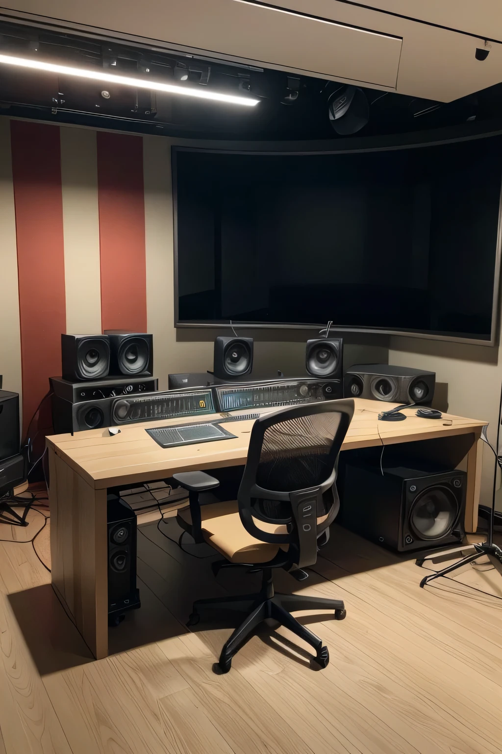 Create an image of a podcast recording studio. The studio must be in the front position. It is modern and has very beautiful colors., perfect as a professional studio. Use maximum resolution when creating, with the details well improved. Make the image in the frame position. This image will be behind the presenter, that we are going to use not chroma key.