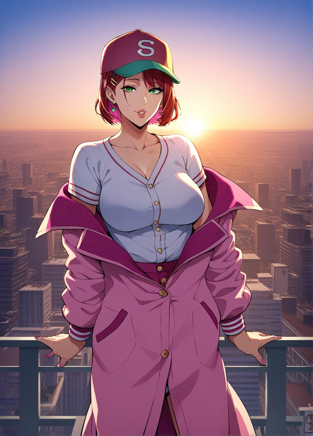 (Day:1.7), Day本, Tokyo, City View, In front of the window, Stand in an upright and immobile position, baseball_cap,pink_coat,baseball_uniform, hair_between_eye, hair_ornament, hairclip,green_eye,Broke up_lips,(茶color_short_hair:1.1), 1 girl,alone, manga,20-year-old,Mature Woman,beautiful Finger,beautiful long legs,beautiful body,beautiful Nose,beautiful character design, perfect eye, perfect face, View your viewers, Official Art,Very detailed CG ユニティ 8k 壁紙, Perfect lighting,colorful, bright_front_face_Lighting, (masterpiece:1.0),(Highest_quality:1.0), 超High resolution,4K,Very detailed, photograph, 8k, High resolution, High resolution, Absurd:1.2, 400 for Kodak Port, Film Grain, Blurred Background, Bokeh:1.2, Lens flare, (Vibrant_color:1.2) (beautiful,big_chest:1.4), (beautiful_face:1.5),(narrow_Waist),