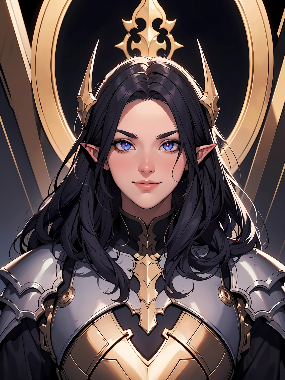 (masterpiece, Best quality, a high resolution, a high resolution:1.2), extremely detailed, complex parts, 1 man, dark Elf, pointed ears, long hair, black hair, Pointed eyebrows, shining eyes, Golden eyes, vertical pupil, paladin, отрекшийся paladin, among the corpses, grim grin