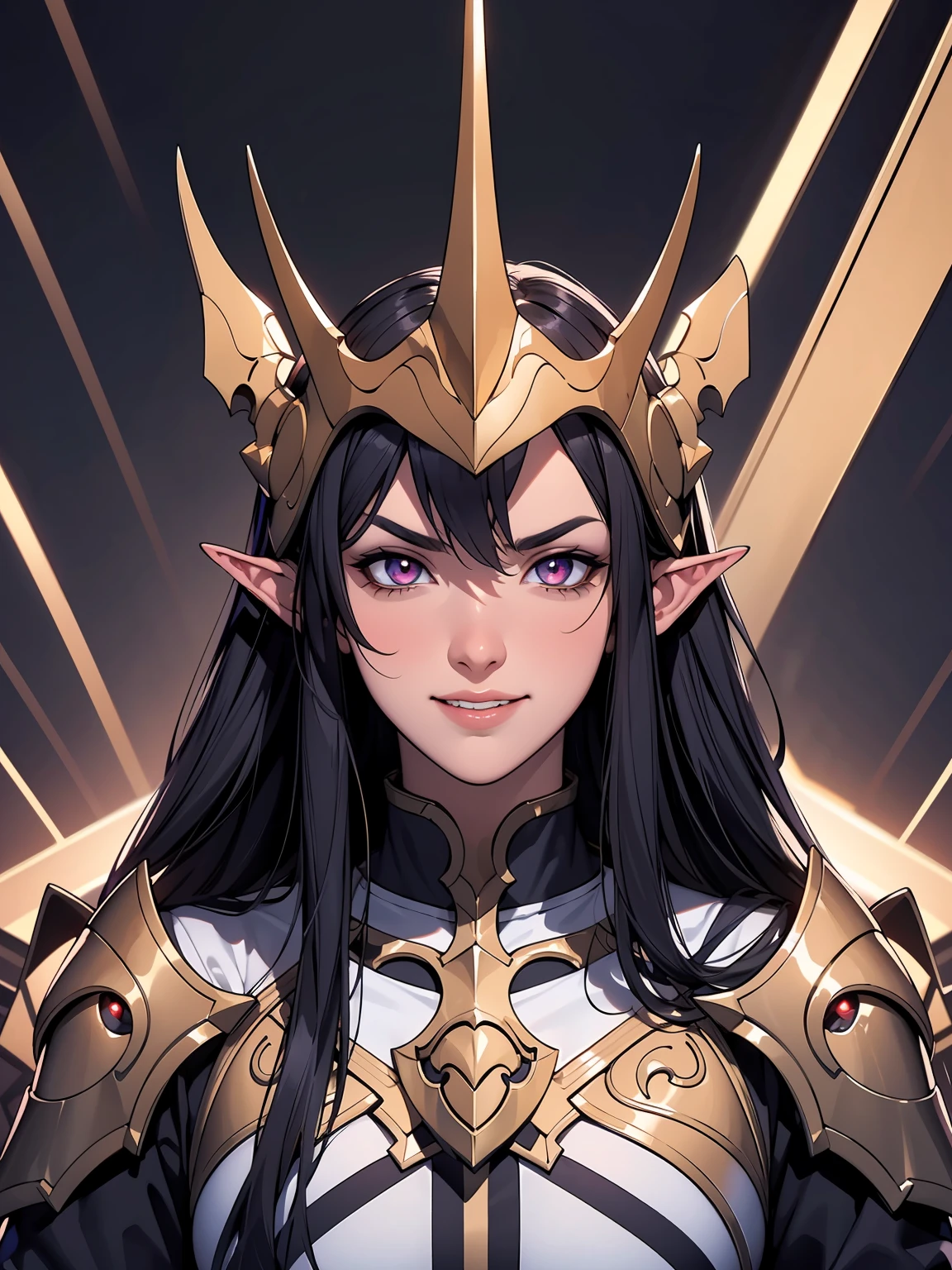 (masterpiece, Best quality, a high resolution, a high resolution:1.2), extremely detailed, complex parts, 1 man, dark Elf, pointed ears, long hair, black hair, Pointed eyebrows, shining eyes, Golden eyes, vertical pupil, paladin, отрекшийся paladin, among the corpses, grim grin