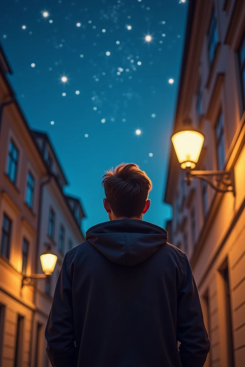 Back view of a man looking up at the starry sky under a street lamp on a European street corner