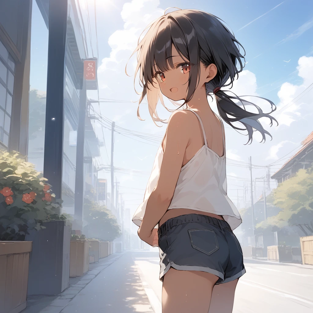 score_9, score_8_up, score_7_up, source_anime, best quality, masterpiece, official art, absurdres, highres, ultra-detailed,waifu2x,Collection: Slice of Life,break,1girl, tomboy, dark-skinned female, short hair, low ponytail, flat chest, groin, beautiful detailed eyes, shorts, sweat, open mouth, (yawn:0.3), sleepily, outdoors, wind,break,(clear line illustration:1.2), super detailed skin,very high resolution, very aesthetic, Best sexual lighting powered by famous artist, 8k, 16k, cute picture,beauty illustration,photoshop_(medium),,(Detailed Lighting),best anime 8k konachan wallpaper, pixiv contest winner,