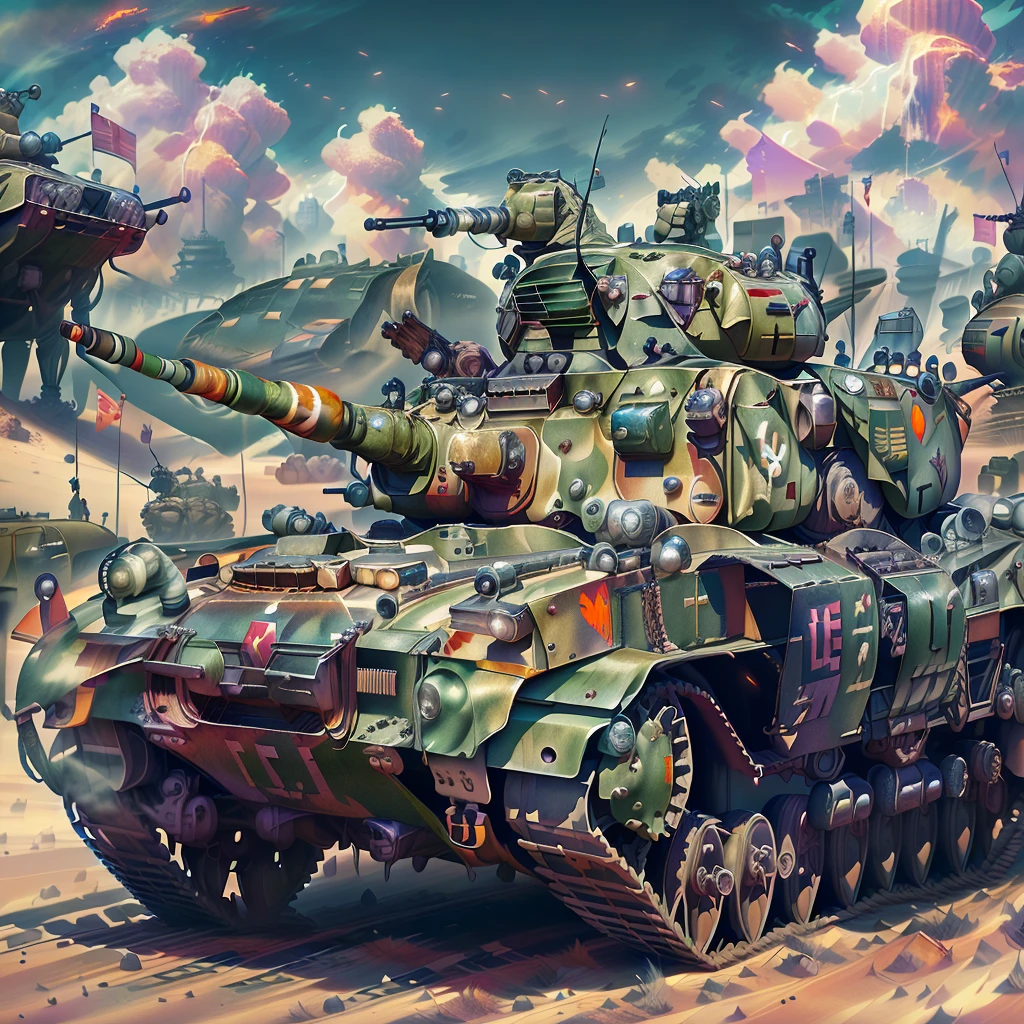 Arafed tanks advance through the desert with other tanks in the background., Wojtek FUS, detailed game art illustration, military art, Futuristic battle tank, octane. trend in artstation, 🌺 society, octane society, Battle of Helmand Moebius, Lt. Tadeusz Pruszkówski, War Thunder game, heavily armored