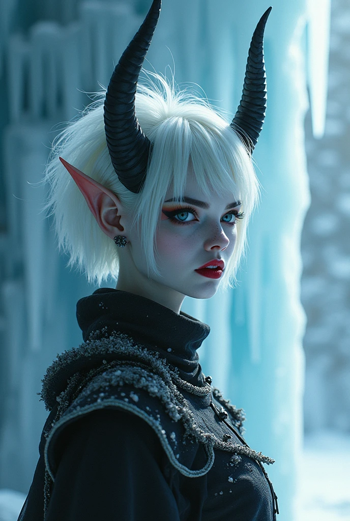 (masterpiece), (best quality), (ultra-detailed), (best illustration),(best shadow),1 woman, thick and wide black horns, short white spiky hair, scene inside an ice castle, stylish winter clothes, wide face, black eyes, white iris, pointy ears, striking red lipstick, blue white skin