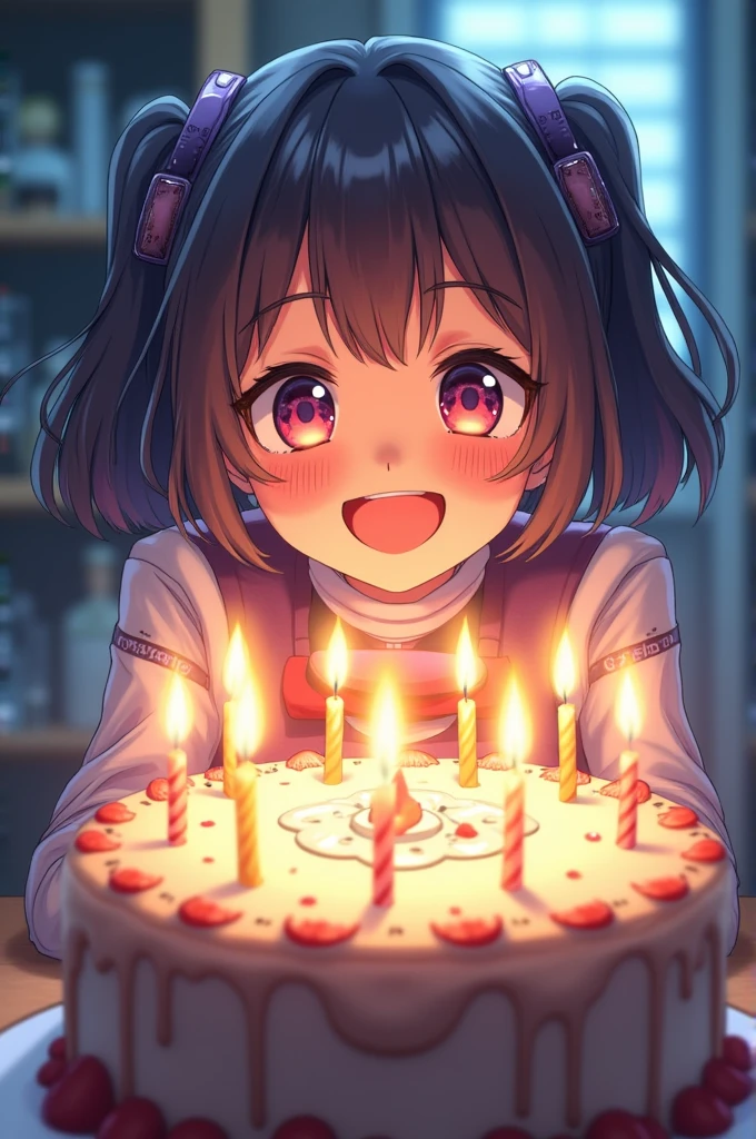 Happy Birthday, whole cake, seven candles, Cyber Girl Shiro, looks 7 years old, big smile