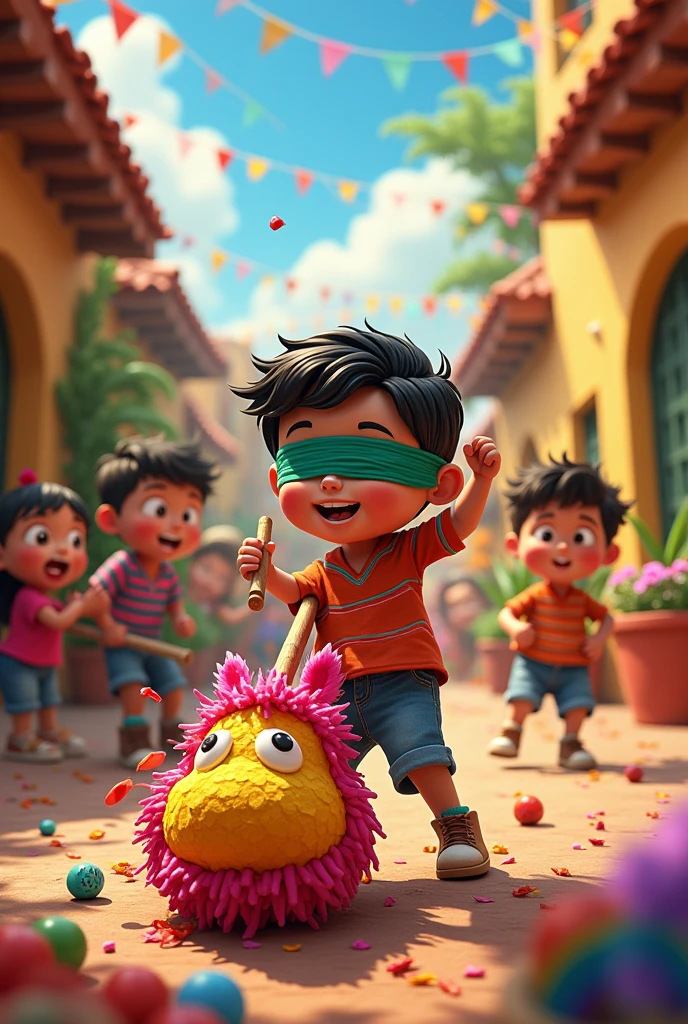 Mexican scene breaking a piñata