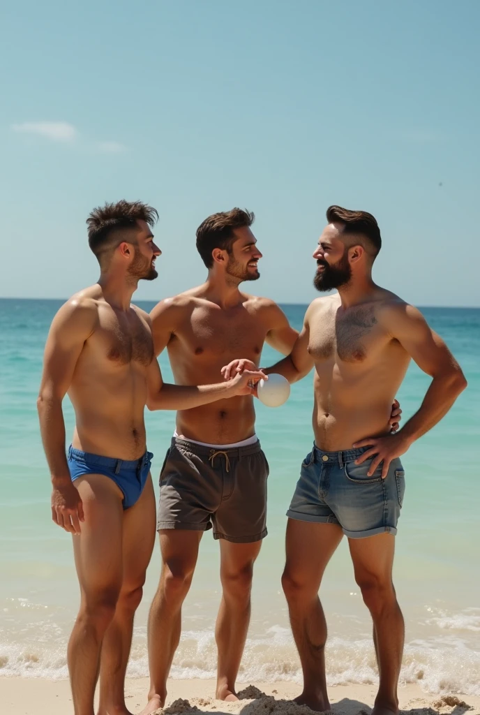 3 young gay man, Beautiful, handsome, white, skinny, handsome shirtless face standing, ,desnudo en la playa la del medio tapando su parte intima  con una pelota playera mientras 2 amigo la que esta de lado esta sin ropa interior le besa a la que esta en el medio en su mejilla Beautiful trasero no lleba ningun ropa interior mostrando su parte intima 