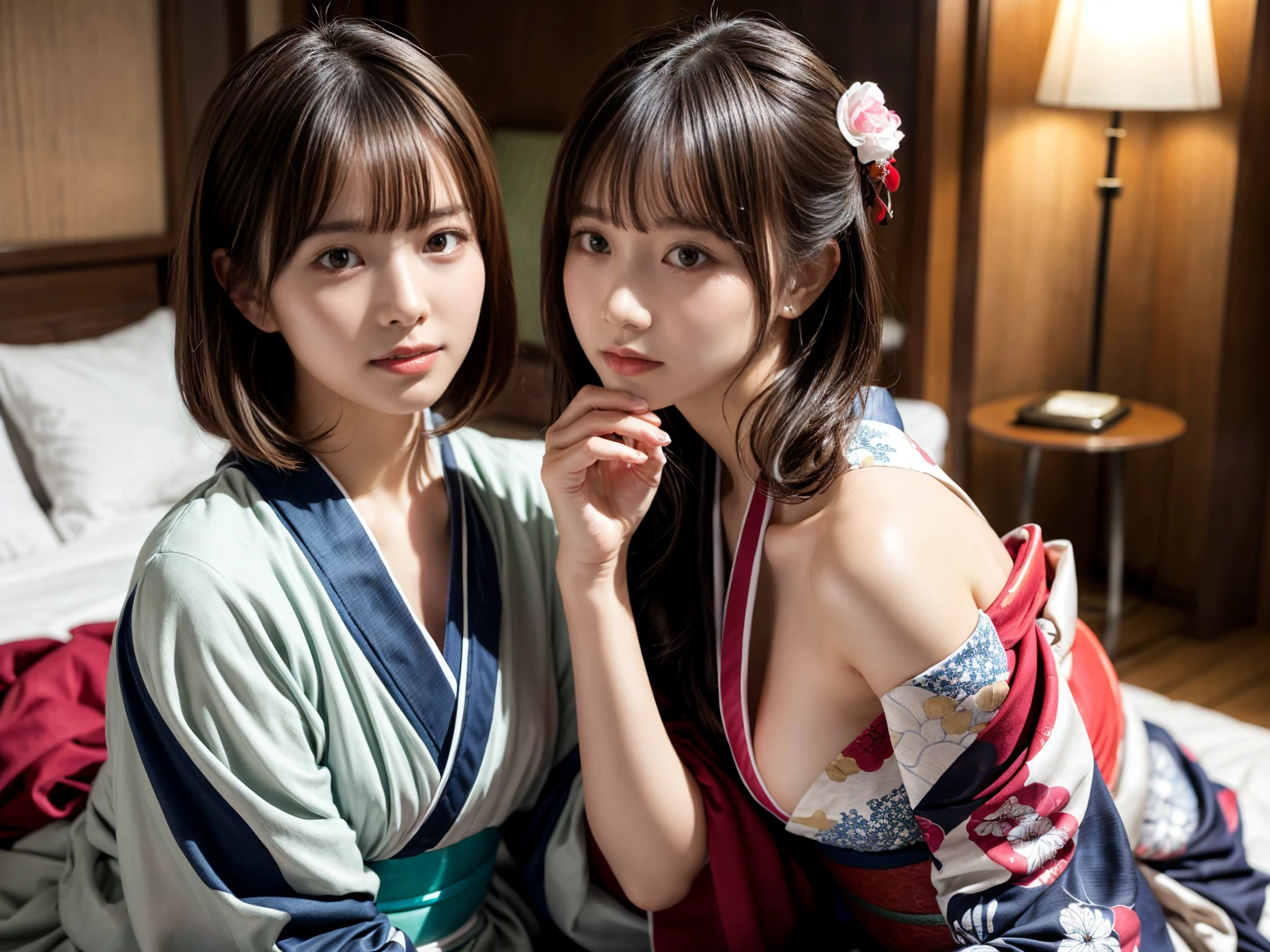 masterpiece, best quality, illustration, Super detailed, fine details, High resolution, 8K,wall paper, perfect dynamic composition,(Details High quality, realistic depiction of eyes:1.3), (2 girls), (idol, kimono:1.3), short bob hair, medium breasts, black hair color, Big Natural Color Lip, bold sexy pose, crying a little、Harajuku style、30 year old girl、cute type、lolita、beautiful legs, hotel room, hposing Gravure Idol