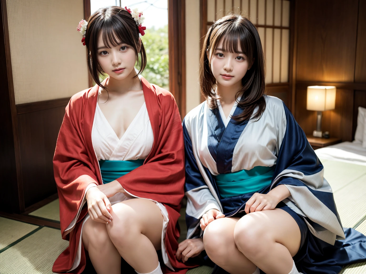 masterpiece, best quality, illustration, Super detailed, fine details, High resolution, 8K,wall paper, perfect dynamic composition,(Details High quality, realistic depiction of eyes:1.3), (2 girls), (idol, kimono:1.3), short bob hair, medium breasts, black hair color, Big Natural Color Lip, bold sexy pose, crying a little、Harajuku style、30 year old girl、cute type、ta、beautiful legs, hotel room, hposing Gravure Idol