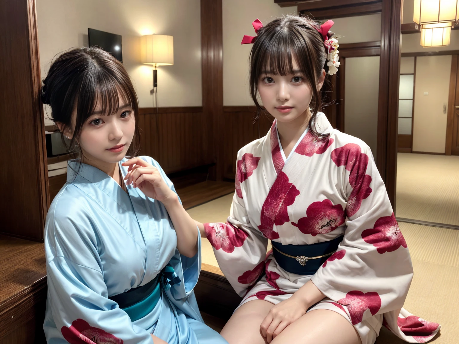 masterpiece, best quality, illustration, Super detailed, fine details, High resolution, 8K,wall paper, perfect dynamic composition,(Details High quality, realistic depiction of eyes:1.3), (2 girls), (idol, kimono:1.3), short bob hair, medium breasts, black hair color, Big Natural Color Lip, bold sexy pose, crying a little、Harajuku style、30 year old girl、cute type、lolita、beautiful legs, hotel room, hposing Gravure Idol