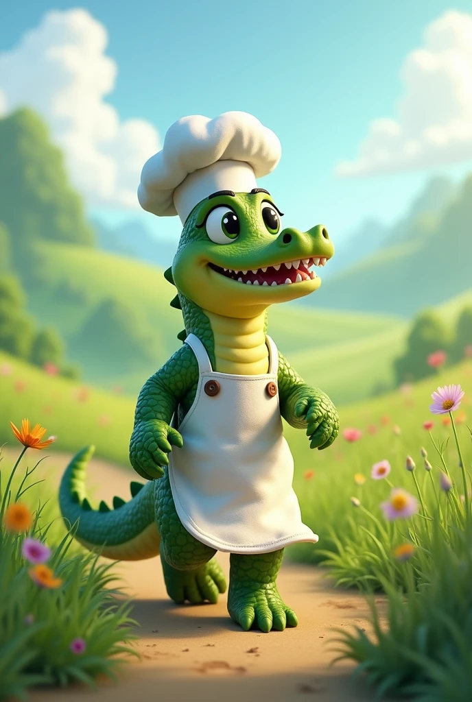 My little pony gummy in a chef's outfit in a field walking like a quadruped