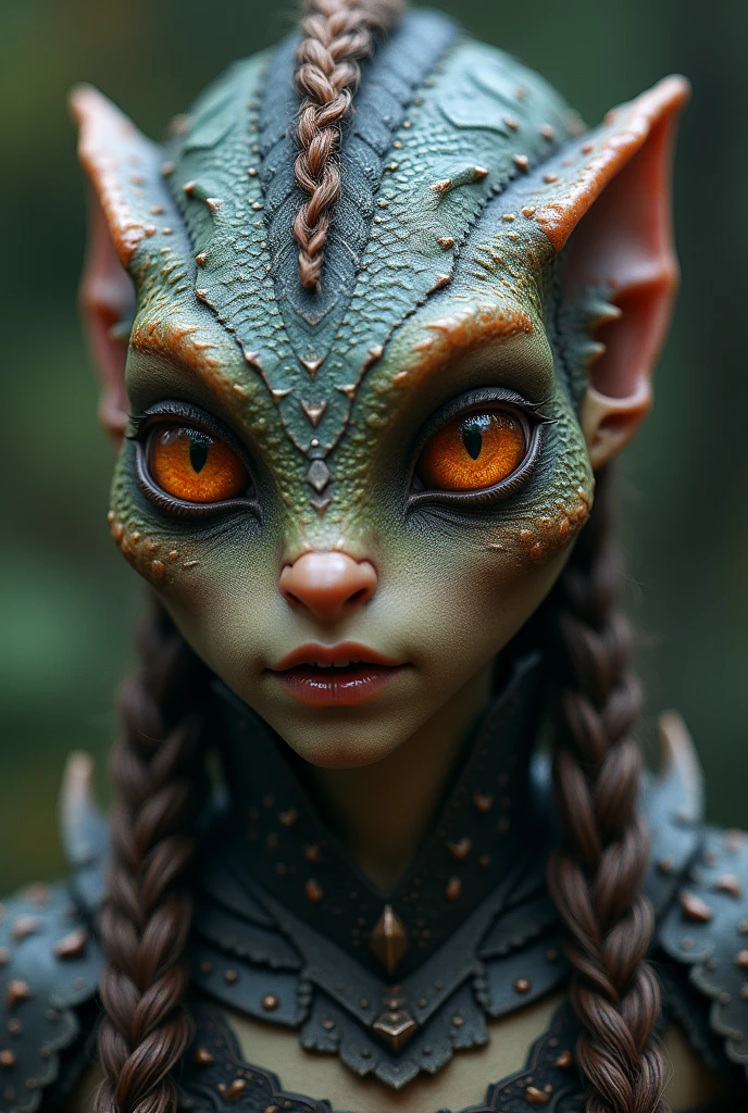 Create a HUMAN , high, bright eyes scaly, that has braided hair, armored and humanoid facial features and man, round ears