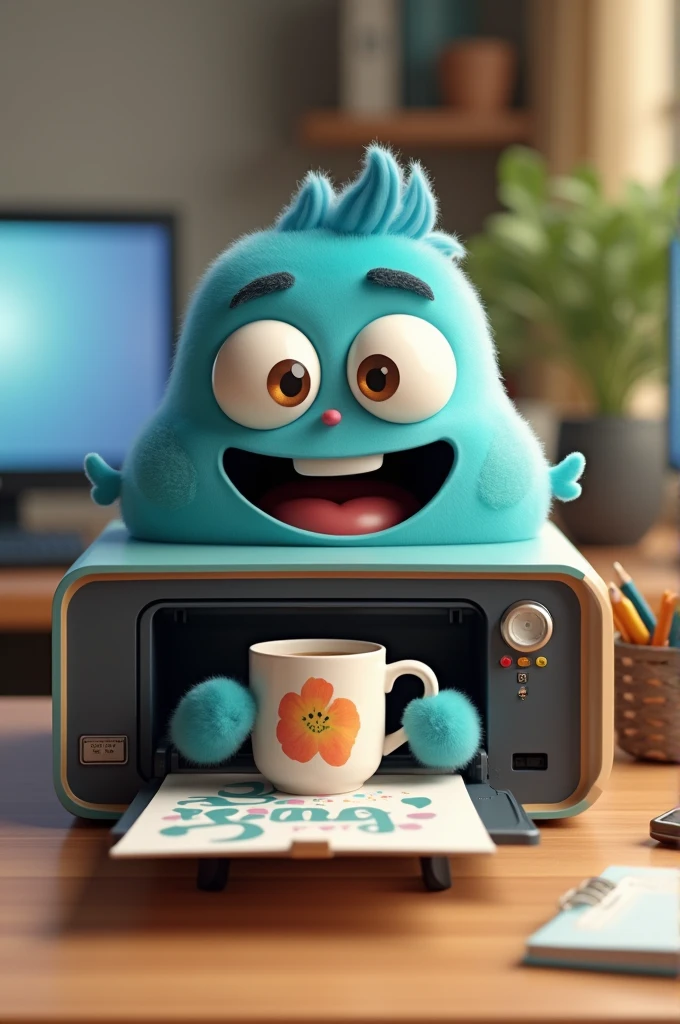 Happy printer popping out a custom mug