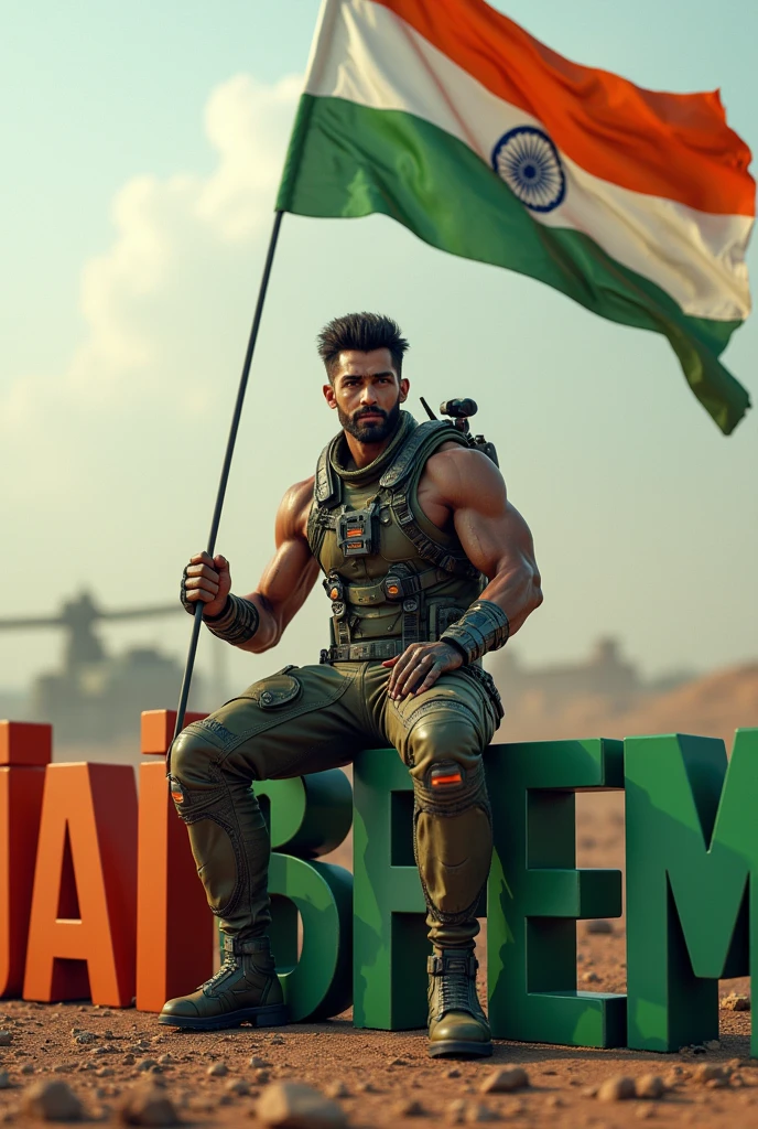 (photorealism:1.2), beautiful man, sitting on 3D name 'JAI BHEEM' latter, 3D name is 175% big in size'JAI BHEEM' colour in like a Indian Flag,wearing like a Indian soulder with proper gadgets like a futuristic gune , Indian soldier holding Indian flag in his hand,background like a seen of world war