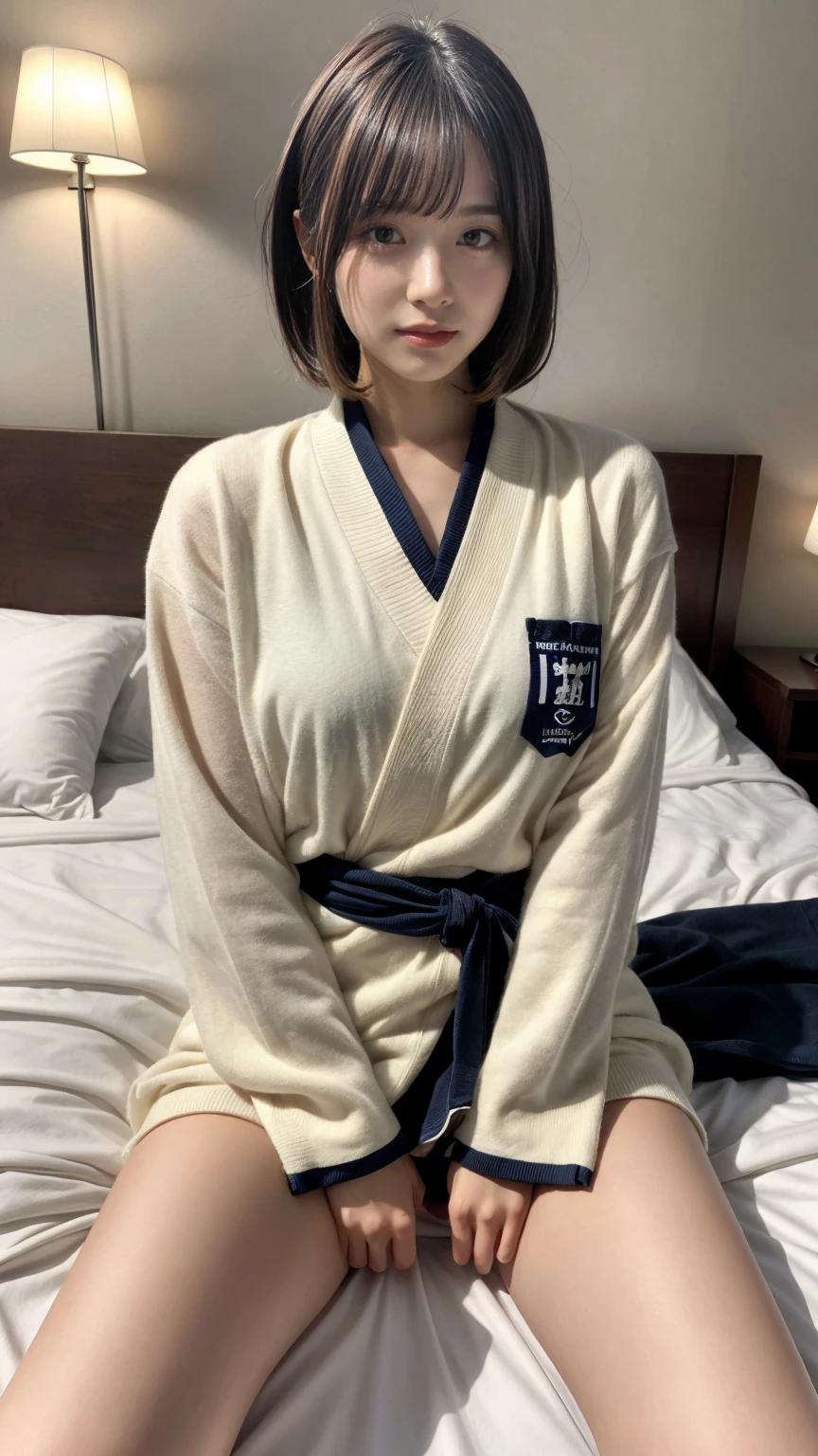 masterpiece, best quality, illustration, Super detailed, fine details, High resolution, 8K,wall paper, perfect dynamic composition,(Details High quality, realistic depiction of eyes:1.3), oversized judo uniform white, sitting, open legs, short bob hair, in a hotel room in the background, large breasts, black hair color, Big Natural Color Lip, (perfect body shape), crying a little、Harajuku style、20 year old girl、cute type、beautiful legs, Gravure Idol