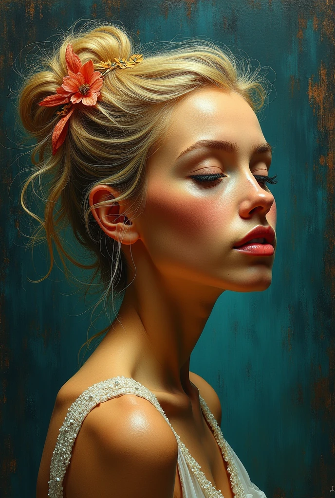 I am the last surrealist painting that exists on this planet, the last work of art that represents a beautiful woman full of hope. , The message I want to leave is that art once existed , real very real , 24k unique piece rule of thirds cinema lighting photoshop finishes and colors of a work of art