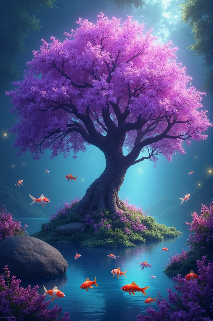 a purple tree, full of fireflies and flowers spread out and the fish too, everything very beautiful and pretty