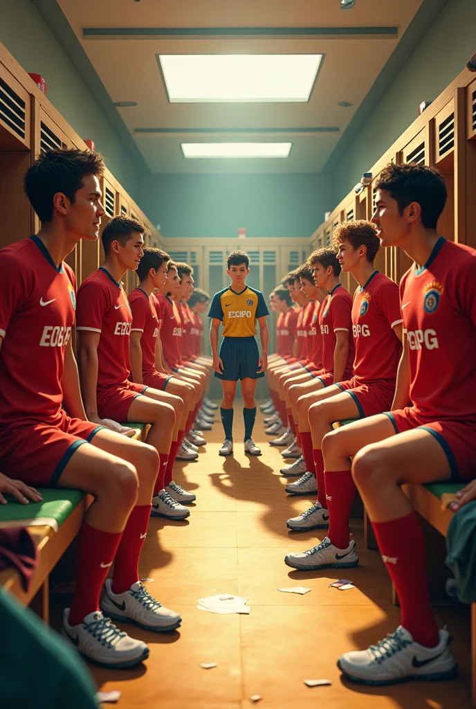 Soccer club room。Everyone is getting changed。