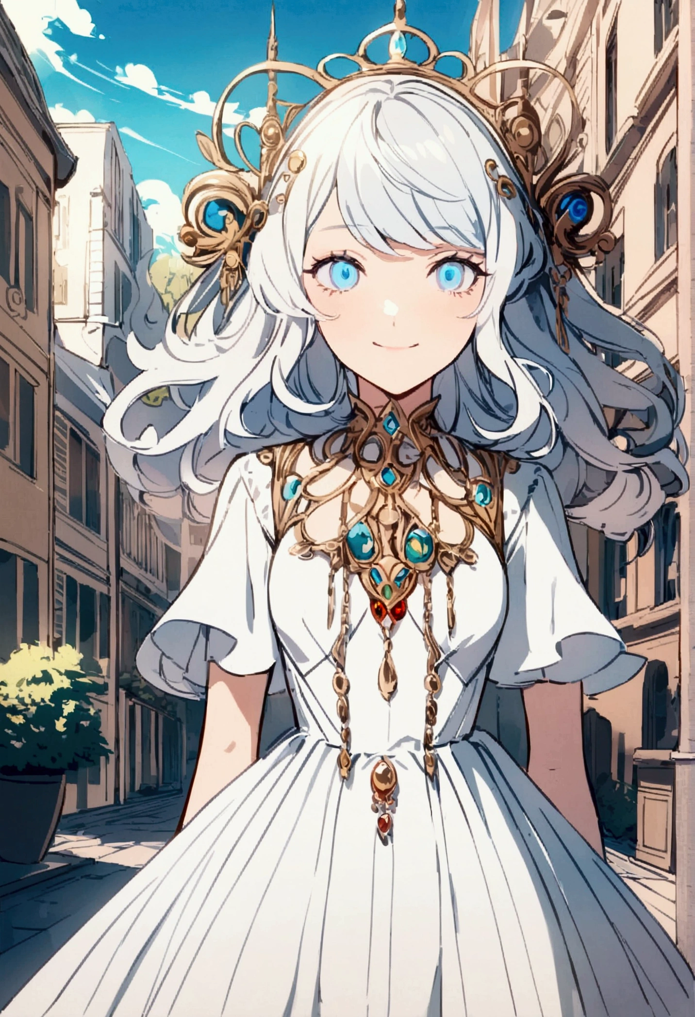 a woman wearing a white dress, light blue eyes, long white hair was smiling in the city park