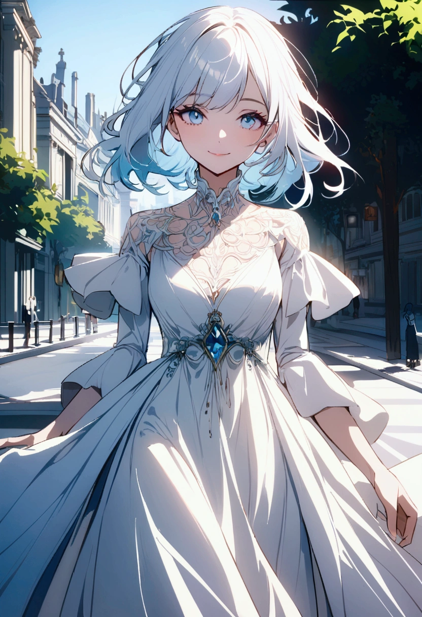 a woman wearing a white dress, light blue eyes, long white hair was smiling in the city park