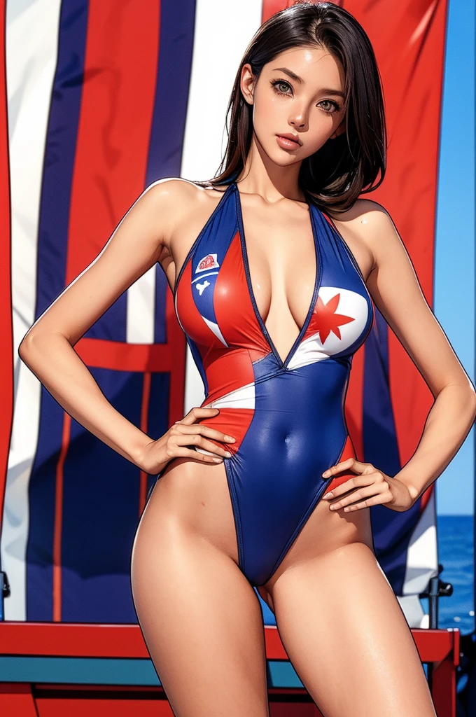 High quality image, beautiful face, symmetrical eyes, model-like proportions, leaning forward, one hand on hip, super high-cut one-piece swimsuit (cut from crotch to chest) with (Japanese flag) design, on the deck of a ship, strong sunlight,