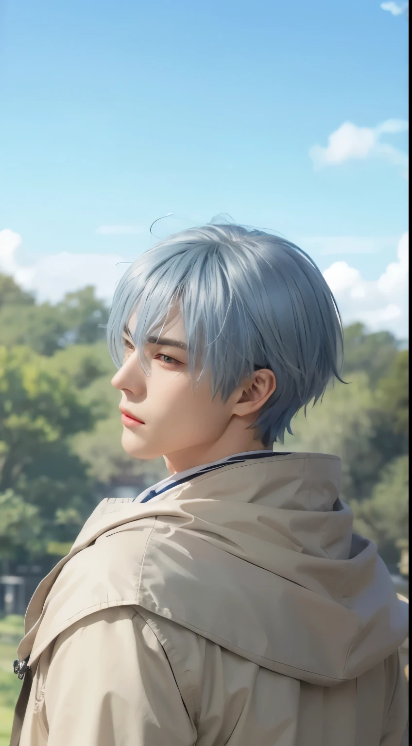 Himmel, male, caracter of frieren anime, handsome face, grey eyes, blue hair, white clothes, detailed face, detailed hair, detailed eyes, detailed hand, ultra realistic, ultra detailed, best quality, masterpiece.