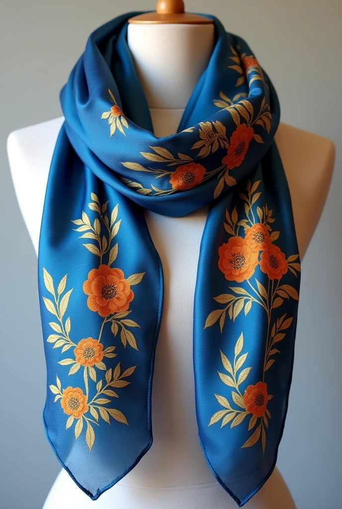 A blue silk scarf，Orange-embellished bank employee scarf