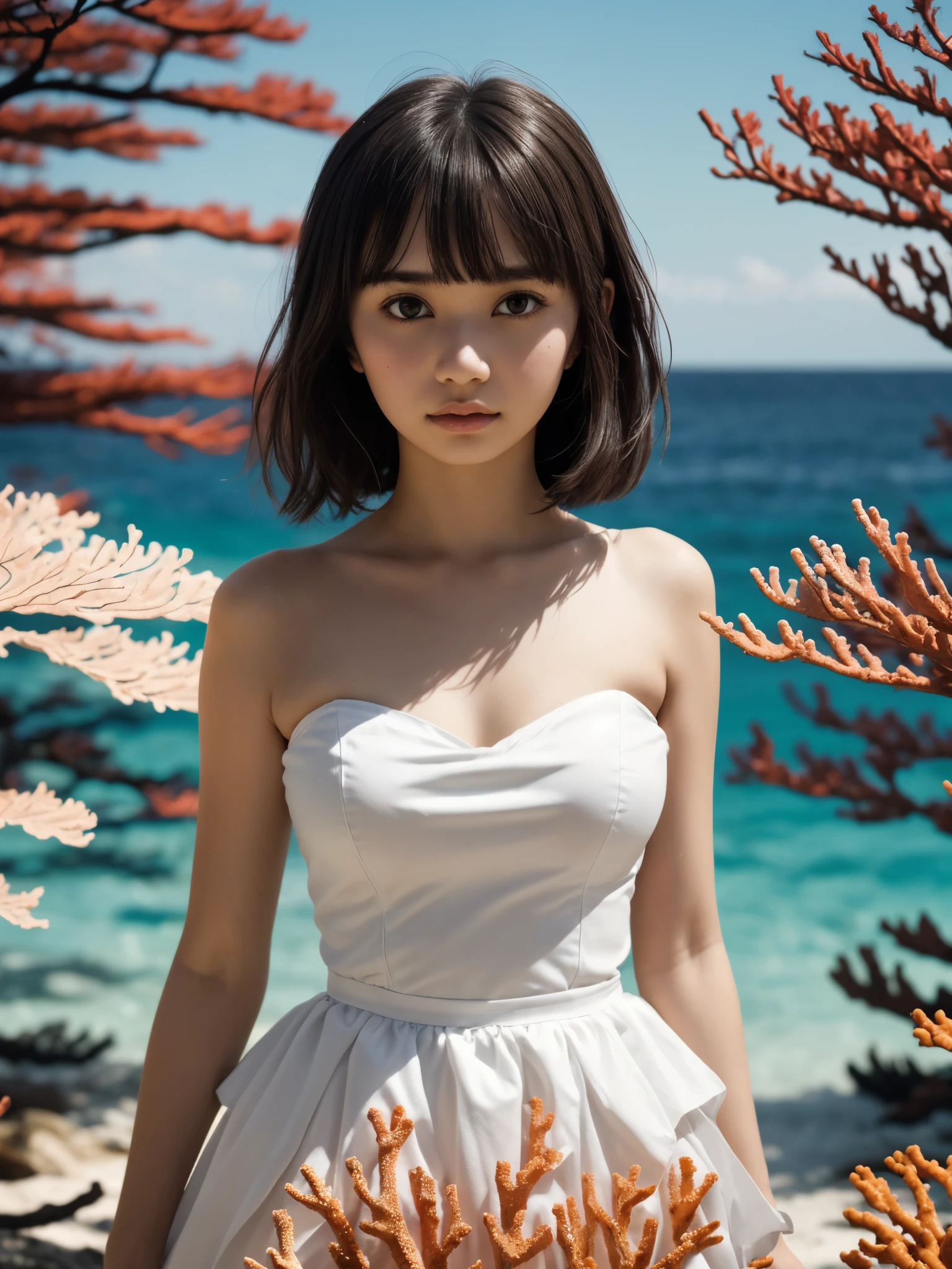 1girl, (white color theme:1.2), japanese, (yo), straight messy medium hair, (mole:0.8), large breasts, black eyes, (tareme, v-shaped eyes), short eyebrows, wide eyes, bangs, broad nose, puffy cheeks, strapless tube top, tutu skirt, looking at viewer, sharp focus, (surrounded by corals:1.2), blurred background, blurred foreground, super intricate details textures, colorful corals, bokeh effect, ethereal atmosphere, captivating scene, soft lighting, natural beauty,