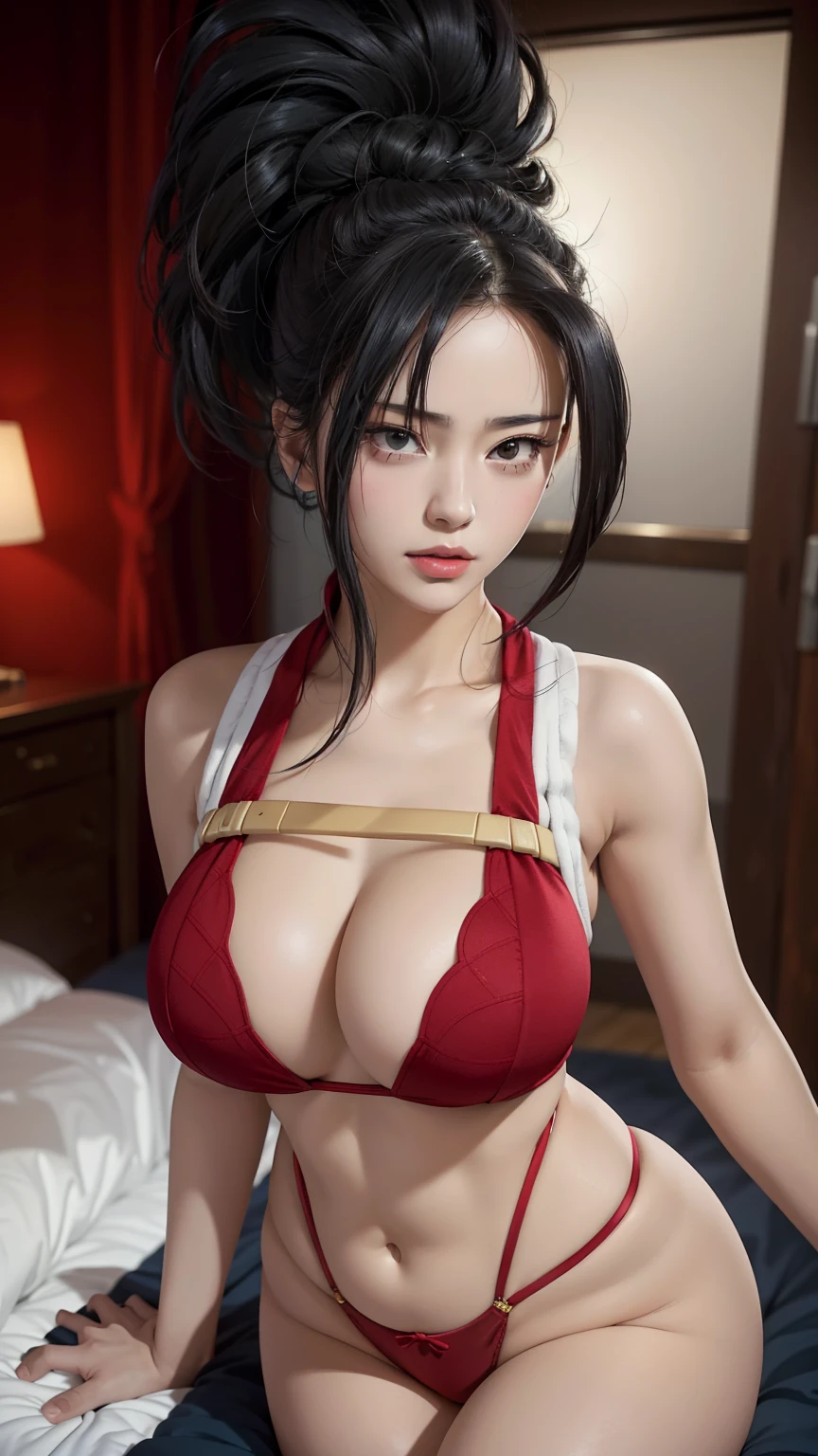 big breasts, 1girl, ((Momo Yaoyorozu)) ((boku no hero)) She has an extremely sexy body, with full breasts and a thin waist, and extremely sexy body, sexy and bold lingerie, has a youthful appearance, quality, realistic, best quality, sexy position, night, bedroom