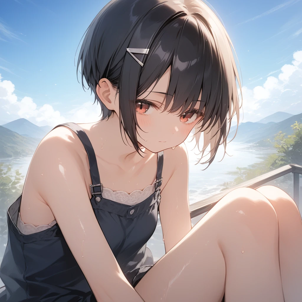 score_9, score_8_up, score_7_up, source_anime, best quality, masterpiece, official art, absurdres, highres, ultra-detailed,waifu2x,Collection: Pixiv 1000,break,1girl, tomboy, school girl, very short hair, pixie cut, small breasts, slender, thighs, beautiful detailed eyes, expressionless, sweat, sleepily, (disgust:0.3), mountain, outdoors, break,(clear line illustration:1.2), super detailed skin, shiny skin, very high resolution, very aesthetic, Best sexual lighting powered by famous artist, 4k, 8k, 16k, cute picture, beauty illustration,photoshop_(medium),,(Detailed Lighting),best anime 8k konachan wallpaper, pixiv contest winner,