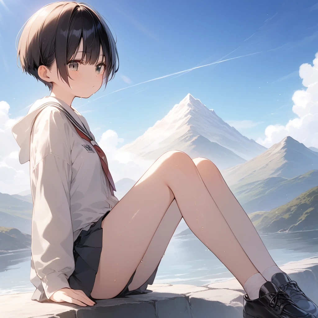 score_9, score_8_up, score_7_up, source_anime, best quality, masterpiece, official art, absurdres, highres, ultra-detailed,waifu2x,Collection: Pixiv 1000,break,1girl, tomboy, school girl, very short hair, pixie cut, small breasts, slender, thighs, beautiful detailed eyes,  expressionless, sweat, sleepily, (disgust:0.3), mountain, outdoors, break,(clear line illustration:1.2), super detailed skin, shiny skin, very high resolution, very aesthetic, Best sexual lighting powered by famous artist, 4k, 8k, 16k, cute picture, beauty illustration,photoshop_(medium),,(Detailed Lighting),best anime 8k konachan wallpaper, pixiv contest winner, 