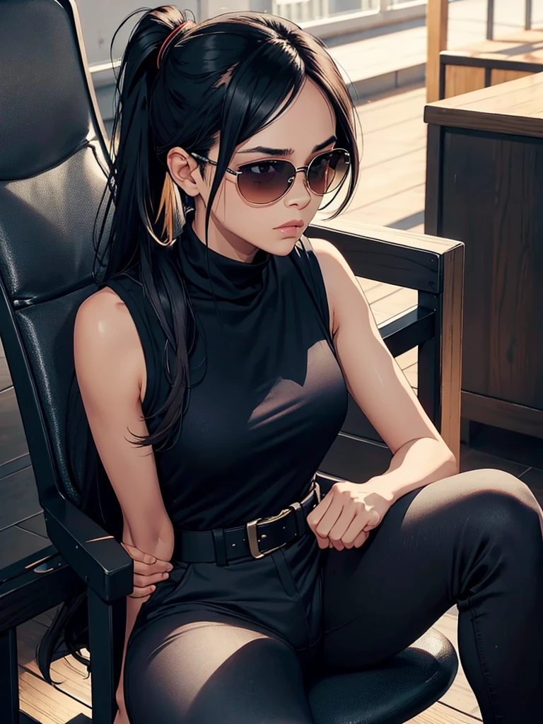 one men, with a brown skin tone, having a long static ponytail hair of black color, is wearing navy blue sunglasses, is wearing a tight black turtleneck sleeveless shirt of black color, This is her wearing all black jogger pants,she is wearing a long black scarf that covers her mouth,is wearing a black buckle belt beret cap,is sitting on a wooden chair.