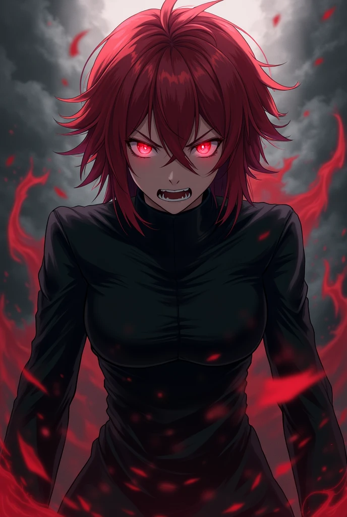 Good quality 4k ,a dark-haired character with red hair and red eyes with black clothes angry from epic anime