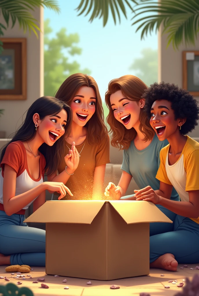 a group of friends laughing at a box