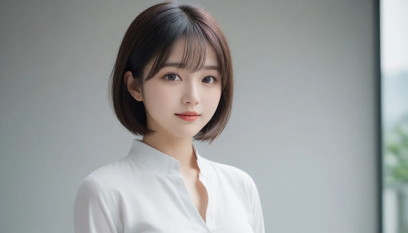 8k, Ultra-high resolution, Highest quality, masterpiece, 三分割法によるphotograph,Surreal, photograph, 1 Girl, (16 years old:1.3), pretty girl, Cute Face, 細部までBeautiful Eyes, 細かくdetailedに,masterpiece,One Girl:1.2,Japanese women,Young Wife,upper body,smile,Black hair,Bowl cut, Blazer uniform,(Beautiful attention to detail),Subtle details, detailedな顔, smile,Attractive girl,(女の子のポートレートphotograph:1.4),(Photorealistic images:1.4),Fantasy art,Gray background,(Beautiful Face:1.4),Beautiful and attractive eyes、Beautiful Eyes、(Tight waist:1.4)、(Beautiful girl with perfect body proportions:1.4),Pink Lips,Looking at the audience,(((Ideal body type))),A-cup small breasts :2,、Portraiture:2、Perfect ???????、鮮明なdetailed、detailed,Fashion magazine cover,Thin lips,完璧でBeautiful Face ,完璧でCute Face, Skin with attention to detail, Perfect limbs、Narrow waist,Surreal,Light and shadow,stage lights