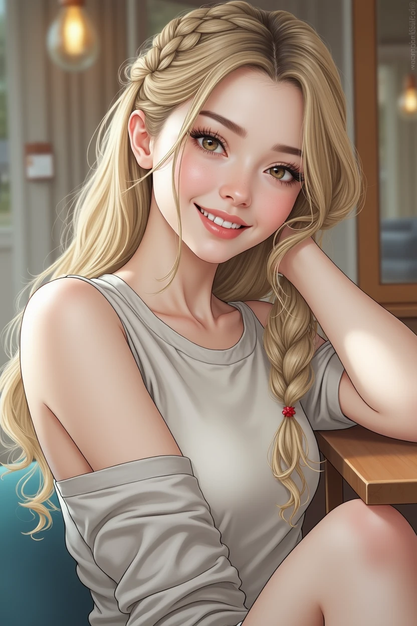 Highest quality, Realistic, Very detailed, finely, High resolution, 8k wallpaper, 1. Beautiful woman, Sharp focus, Perfect dynamic composition, finelyて美しい目, Detailed and realistic skin texture、Beautiful feet、I&#39;I&#39;m in a cafe、Chatting、Happy expression、Braided Hairstyles、Leg spread、Wear casual clothes、Put your hands behind your back、Spread your legs