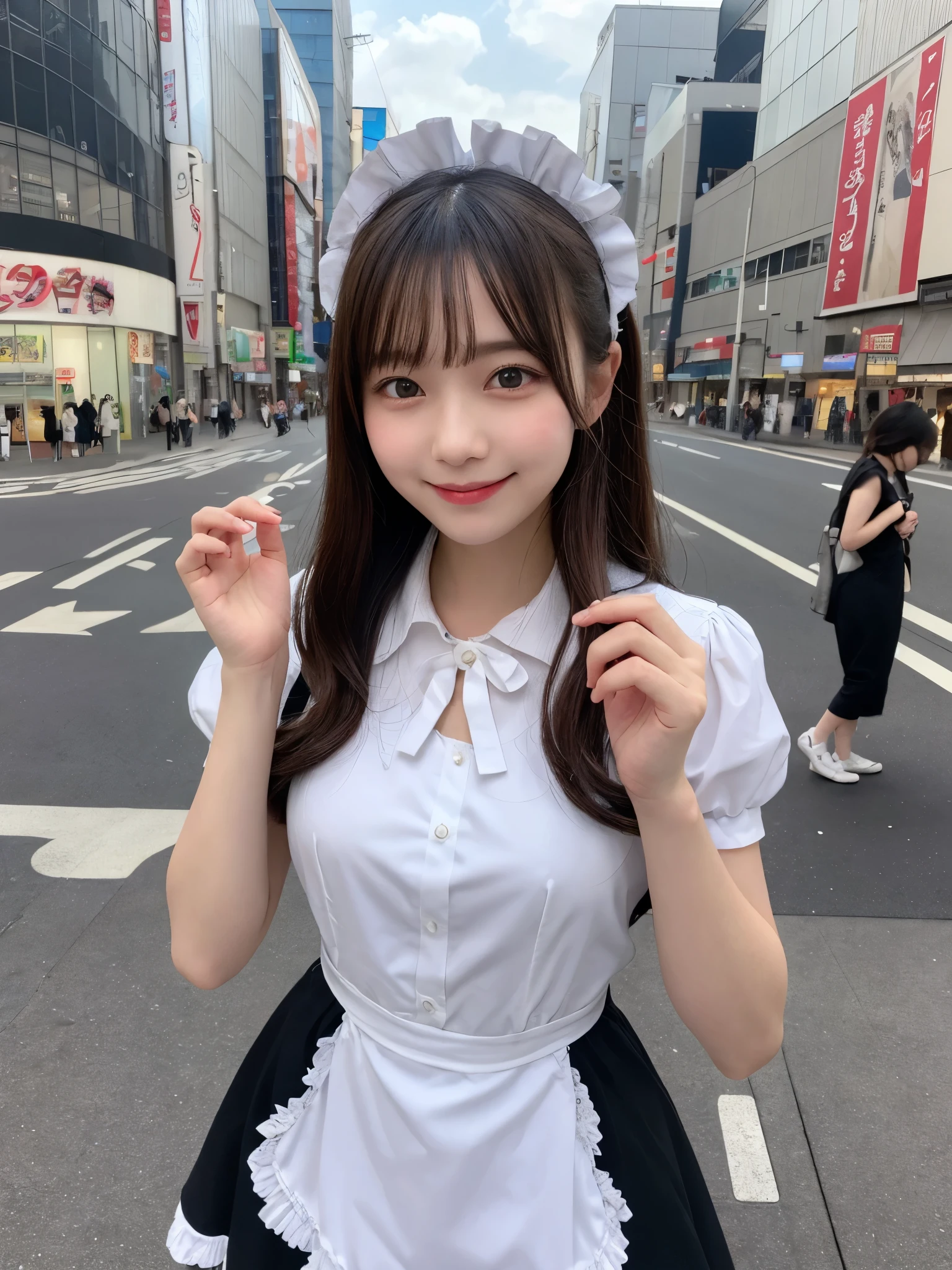 1girl, , cute and beautiful, solo, highres, best_quality, masterpiece, detailed_background, intricate_details, tokyo, akihabara, futuristic, cityscape, cute maid costume, smile, looking_at_viewer, dynamic_pose, natural_pose, candid, happy