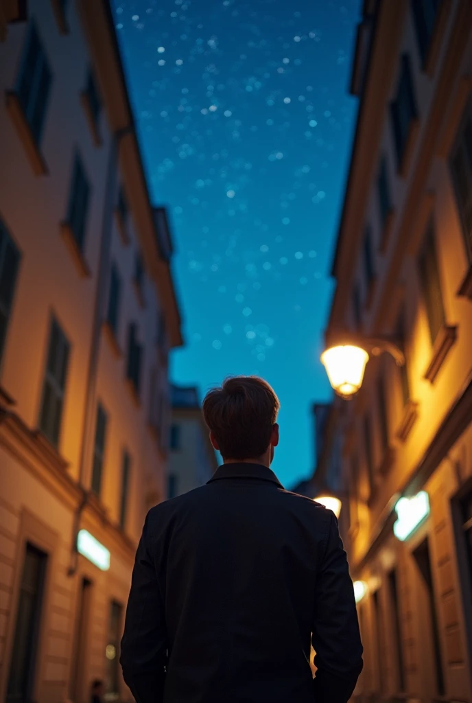 Back view of a man looking up at the starry sky under a street lamp on a European street corner、photograph