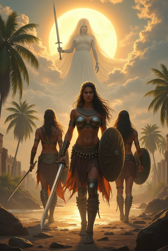 Amazon warriors are born from the Nile River, the goddess Athena watches them from the clouds
