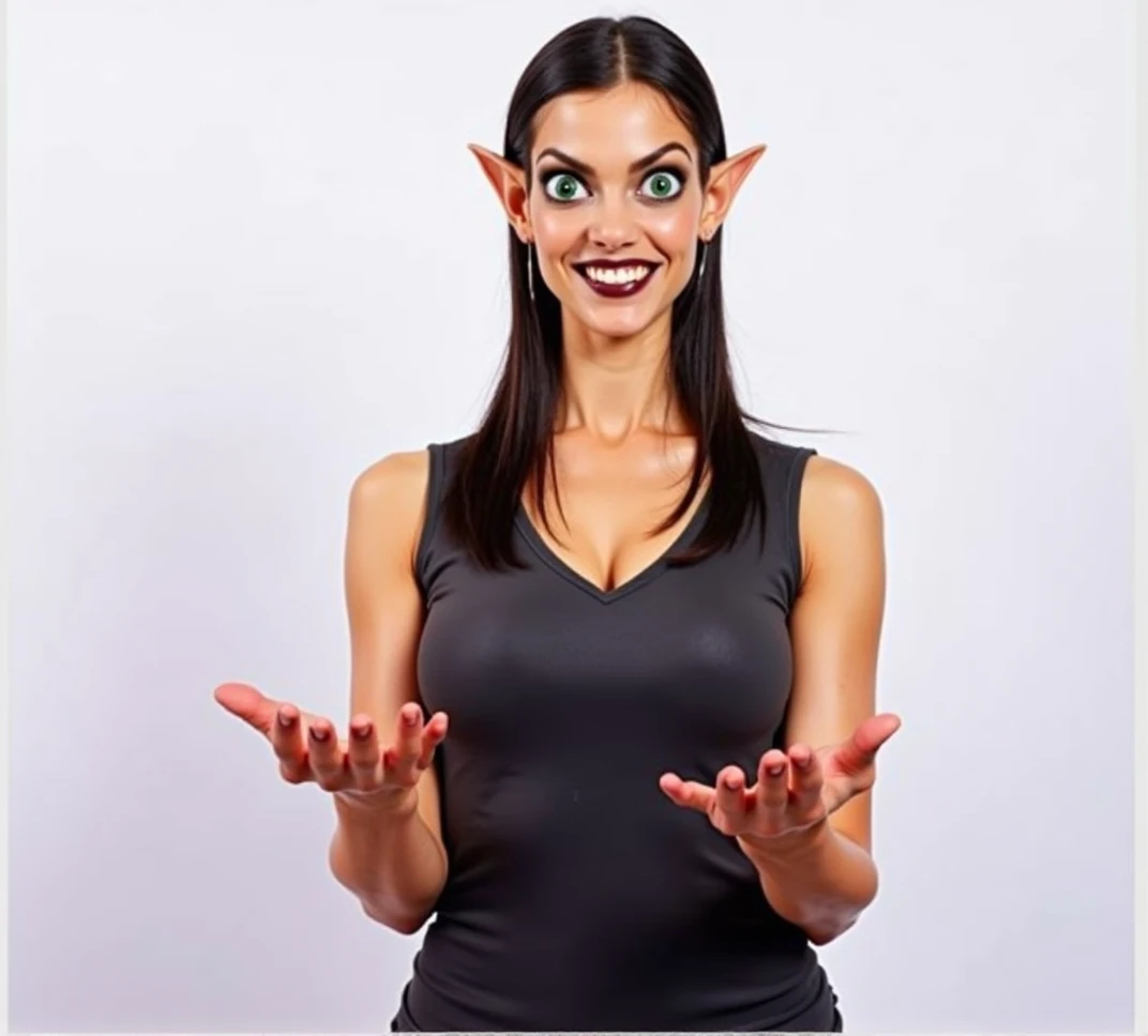 green skinned goblin woman, big green eyes, looking down at hands, smiling, evil smile, perfect teeth, long pointy goblin ears, deep green skin tone, black sleeveless shirt, big breasts, cleavage