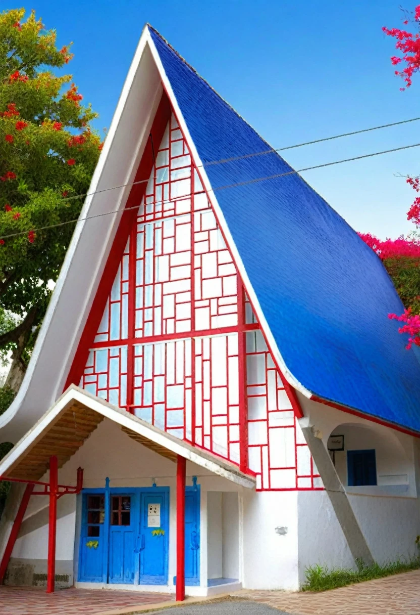 (1neoclassic house, The town house is made from white walls and some walls are painted bright blue)), beautyful light, beautyfulday, sunny, Many red bougainvilleas along the road:1.3, lovely youthful feeling :1.2, sunlight at 12 noon, Very beautiful shadows