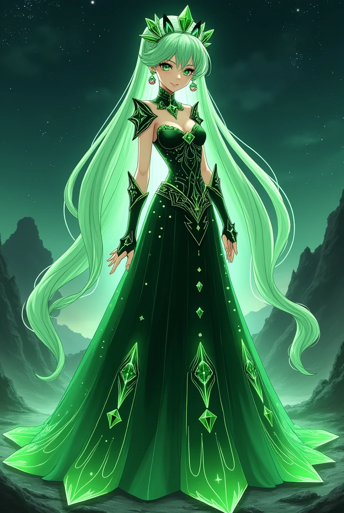 master emerald as anime girl, green crystal background in the night starry sky and terrain, black and green crystal dress with many emerald embellishments and rhinestones, long crystal green hair
