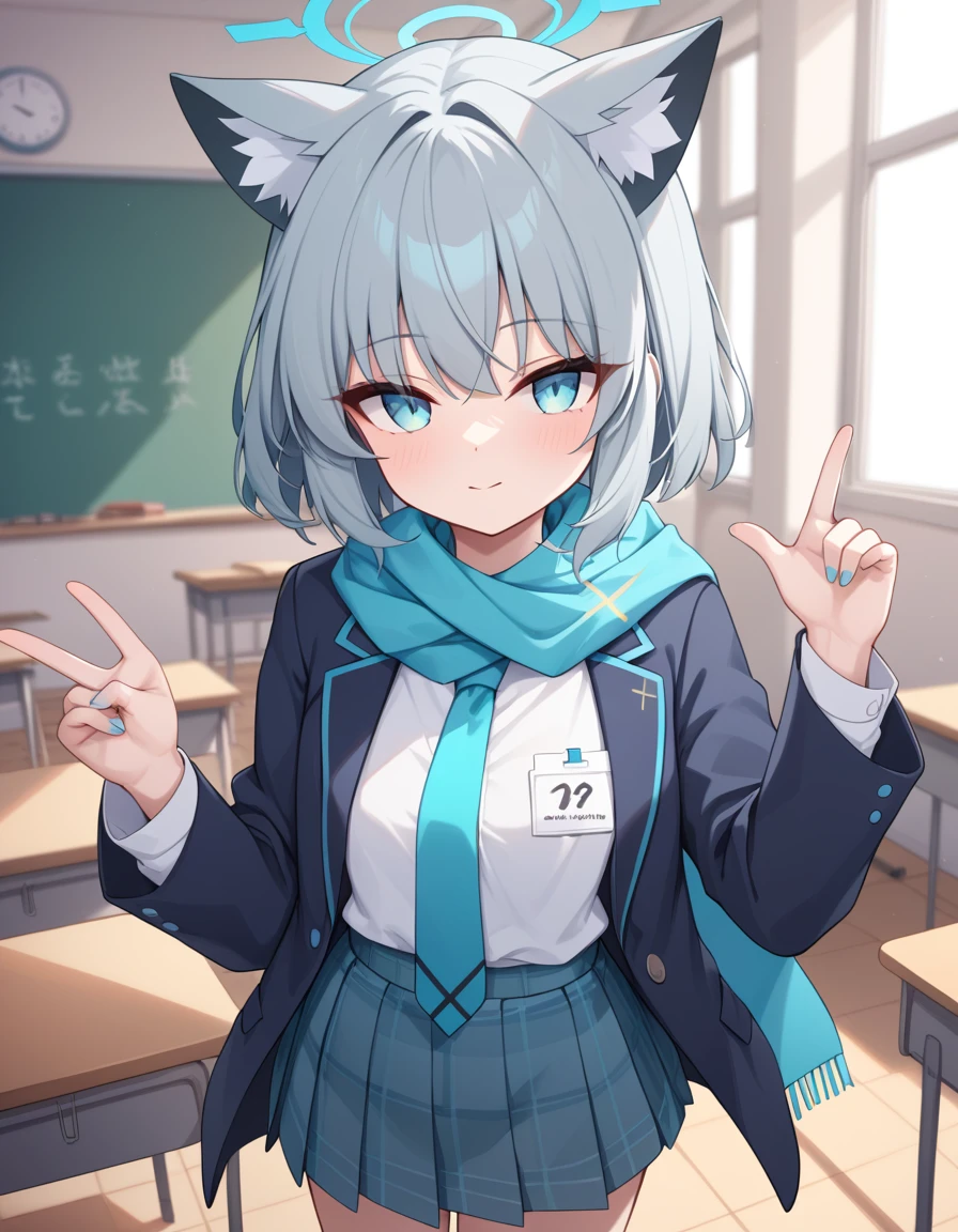 Masterpiece, hd, 1girl, blue archive, blue archive chara, gray hair, short hair, cyan eyes, wolf ears, cyan flipped cross hair ornaments, school uniform, wear dark blue blazer, white shirt, cyan scarf on neck, wear cyan tie, name tag, plaid skirt, plaid gray skirt, halo, cyan halo, shiny cyan halo over heads, standing, indoor, classroom, looking at viewer