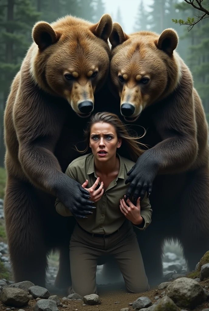 A woman being grabbed by bears