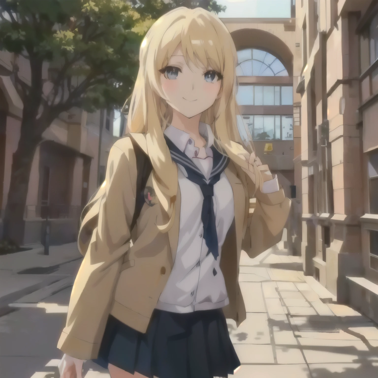 anime girl in school uniform standing on a sidewalk in front of a building, beautiful anime high school girl, blonde anime girl with long hair, anime visual of a cute girl, smooth anime cg art, anime best girl, attractive anime girl, a hyperrealistic schoolgirl, realistic young anime girl, young anime girl, realistic schoolgirl, anime girl with long hair, smiling