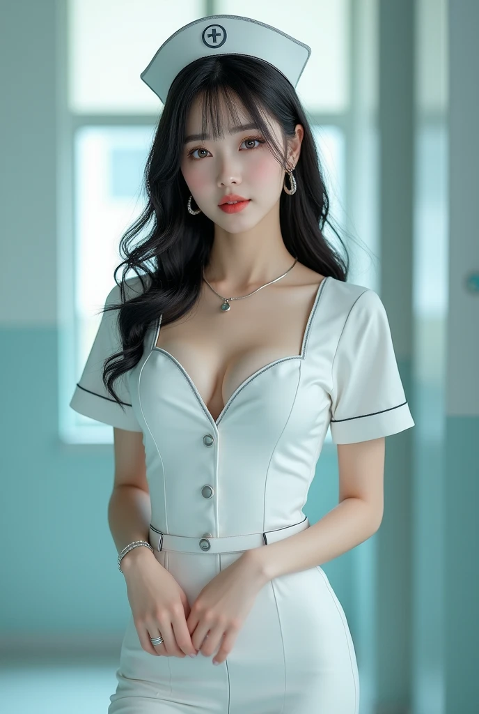 (Photorealism:1.2), Oh My Girl Arryn, cleavage, c cup, Nurses' uniform