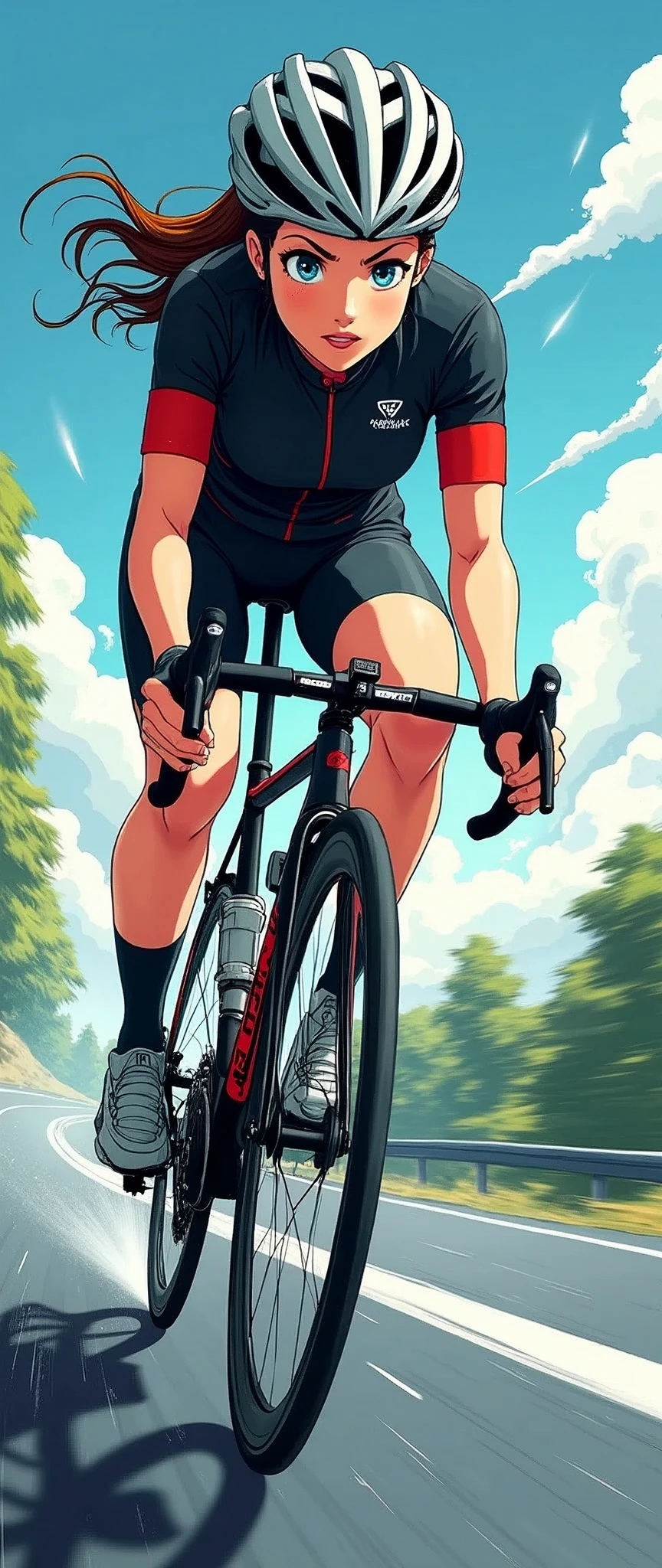 (masterpiece:1.2),(Highest quality),(Super detailed),(Ultra-high resolution),(Highest quality),(Best illustrations),(Japanese manga style;2.0,Yowamushi Pedal Style:1.3),8k,wallpaper,Woman Riding a Bicycle,(Beautiful face, true face depiction:2.0),(Detailed hand drawing:1.6),(Tour de France),(Racing Suits),(Racing Gloves),(Muscular),(Thick thighs),(Dynamic Angles:2.0),(Detailed depiction of the bike),(Sweat),(forward leaning posture,Take a curve at high speed:2.0),(Expressing a sense of speed:2.0),(In the background, a trail of light passing through a wormhole is visible.:2.0),(dynamic)
