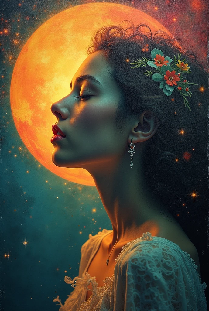 I am the last surrealist painting that exists on this planet, the last work of art that represents a beautiful woman full of hope wrapped in a dream. , The message I want to leave is that art once existed , real very real , 24k unique piece rule of thirds cinema lighting photoshop finishes and colors of a work of art