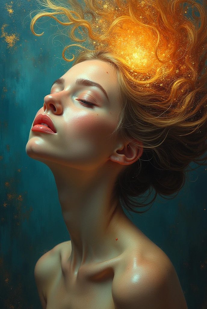 I am the last surrealist painting that exists on this planet, the last work of art that represents a beautiful woman full of hope wrapped in a dream. , The message I want to leave is that art once existed , real very real , 24k unique piece rule of thirds cinema lighting photoshop finishes and colors of a work of art 